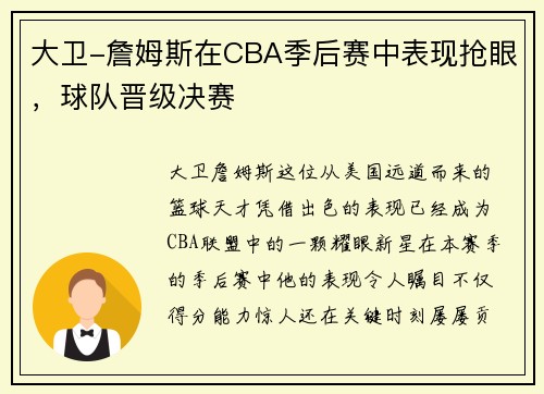 大卫-詹姆斯在CBA季后赛中表现抢眼，球队晋级决赛