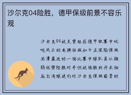 沙尔克04险胜，德甲保级前景不容乐观